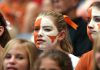 A University of Texas football fan with face painted